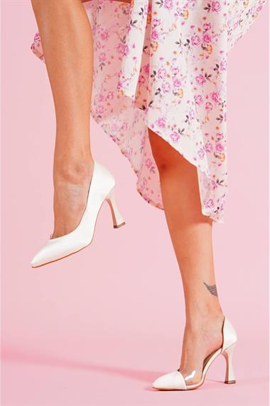 Violet Bej Saten Burnu Şeffaf Detaylı Günlük Kullanım Stiletto