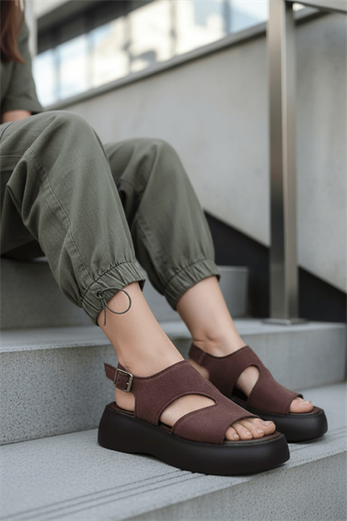 Zango Kahverengi Süet Platform ( 6 Cm Topuklu ) Yuvarlak Burun Günlük Sandalet