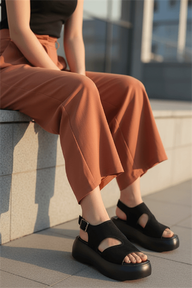 Zango Siyah Süet Platform ( 6 Cm Topuklu ) Yuvarlak Burun Günlük Sandalet
