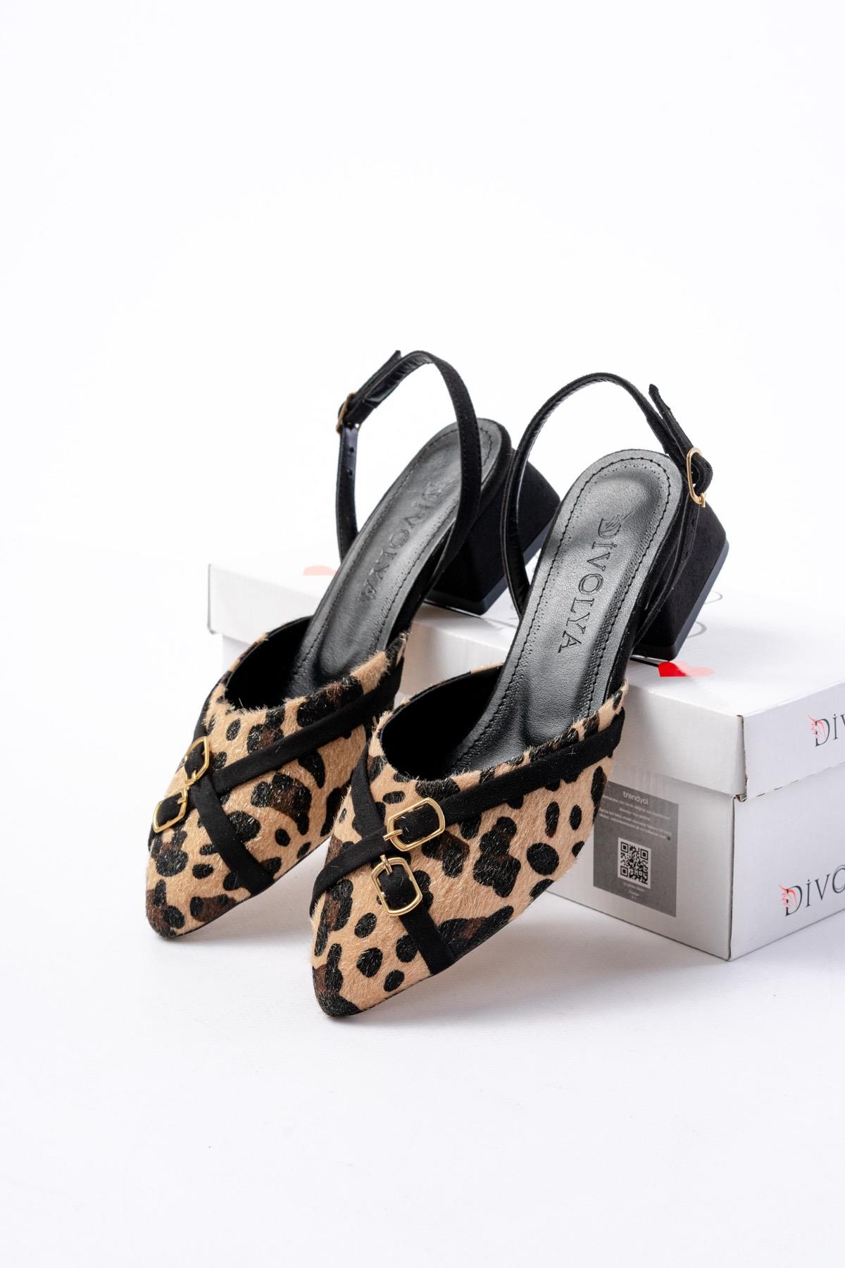Gabriel Leopar Siyah Çapraz Tokalı (4 cm Topuklu) Sivri Burun Babet Ayakkabı