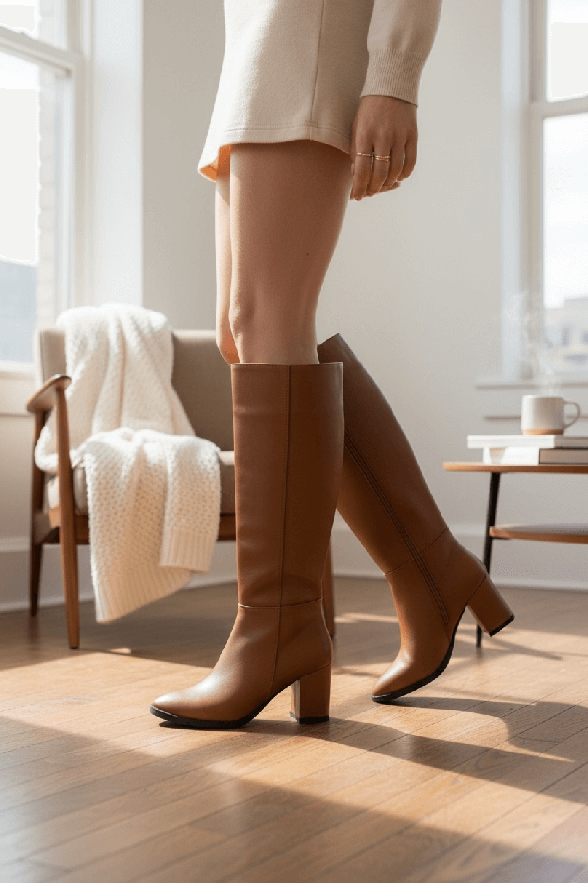 Kleo Taba Deri Topuklu (7cm) Yanı Fermuarlı Günlük Kullanım Çizme