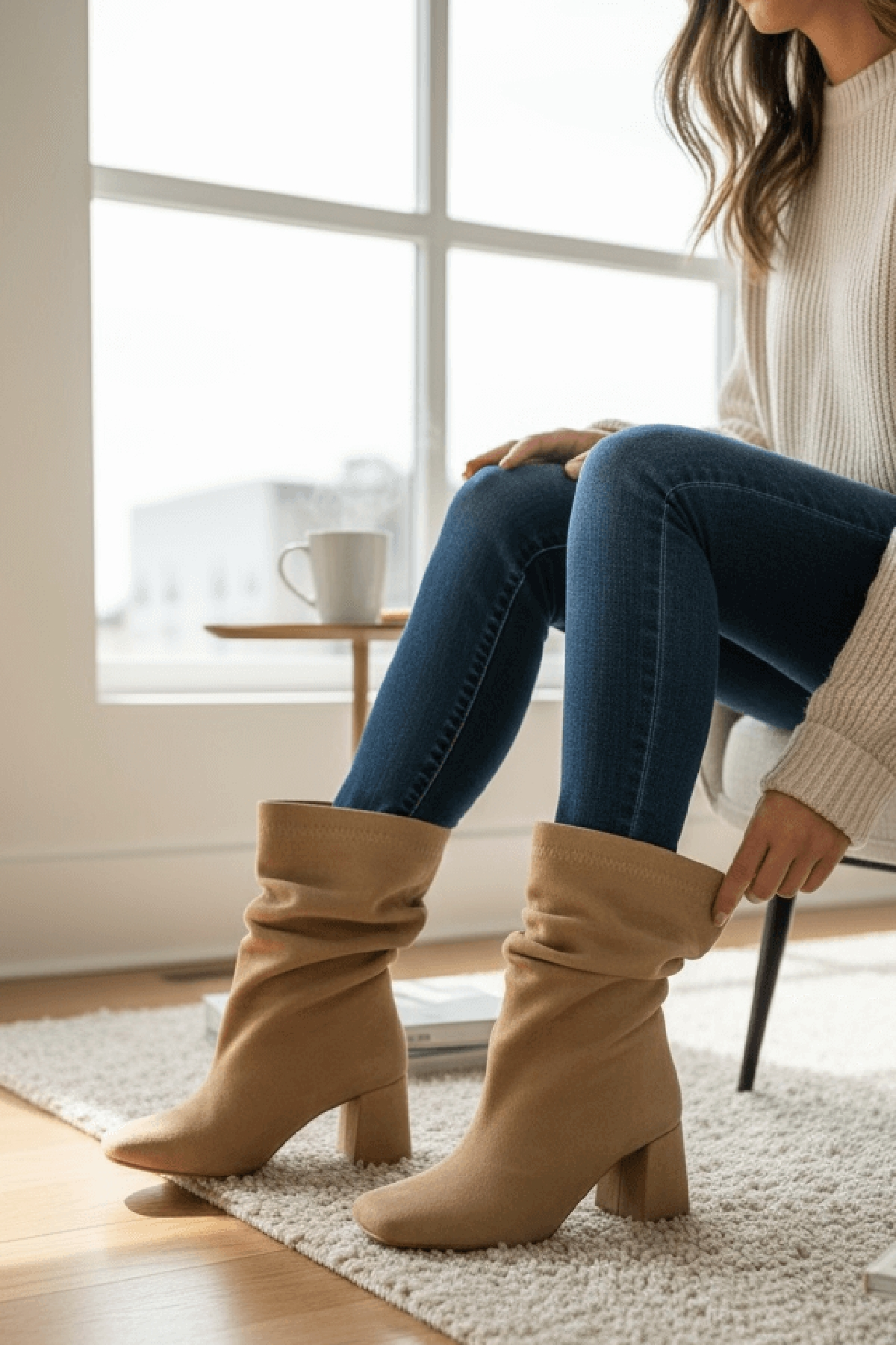 Madamore Bej Süet Büzgülü Küt Burun (8 cm Topuk Boyu) Günlük Kullanım Bot