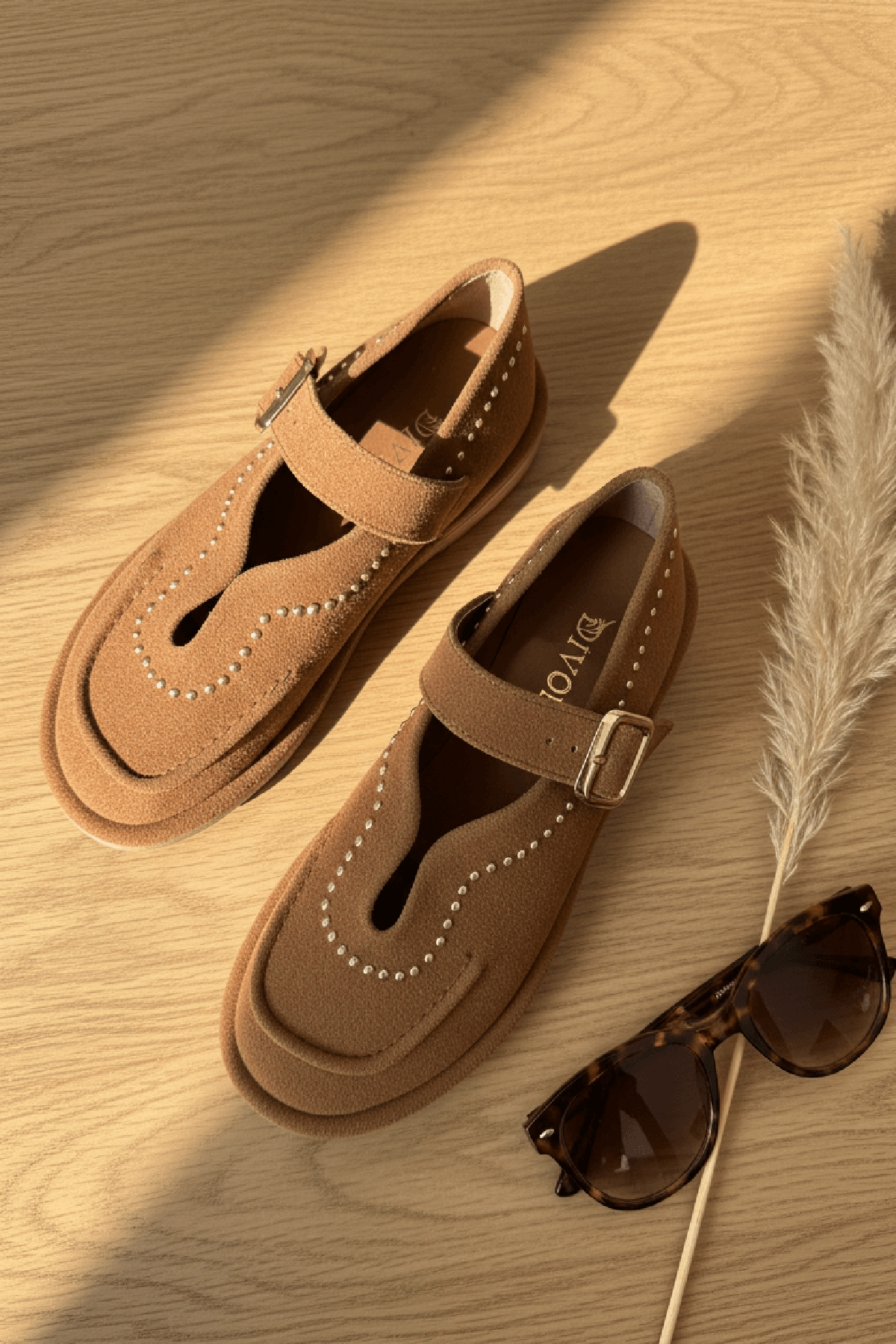 Naty Taba Süet Zımbalı ( 2 cm Topuklu ) Yuvarlak Burunlu Zımba Detaylı Loafer Ayakkabı