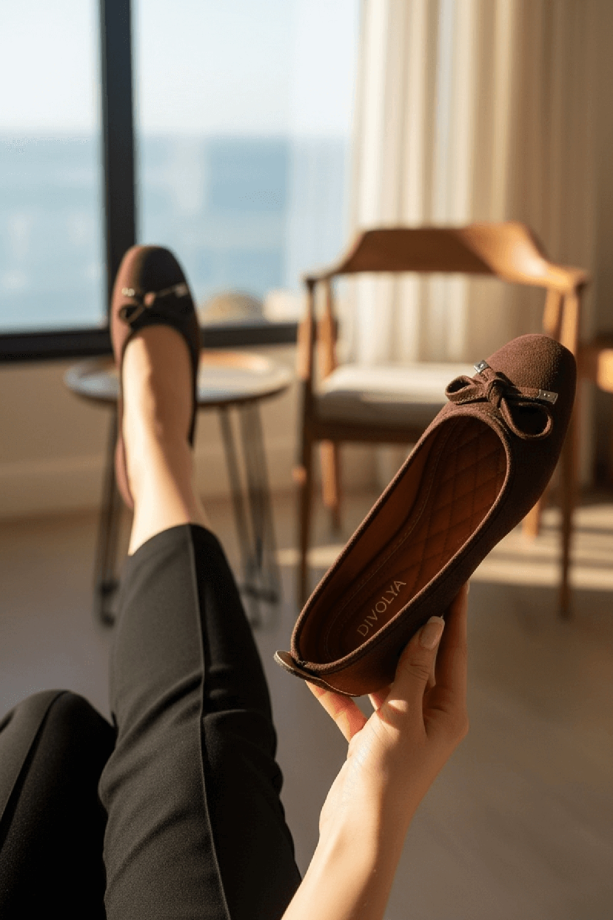Potin Kahve Süet Fiyonklu ( 2 cm) Oval Burunlu Günlük Kullanım Babet
