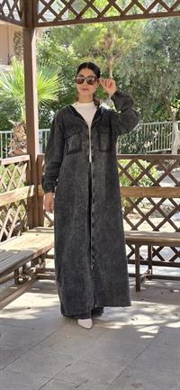  Düğmeli spor keten ferace Antrasit