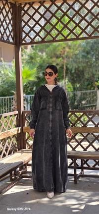  Düğmeli spor keten ferace Antrasit