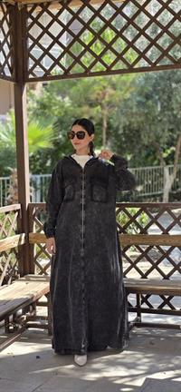  Düğmeli spor keten ferace Antrasit