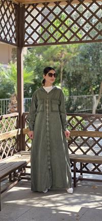  Düğmeli spor keten ferace Haki Yeşil