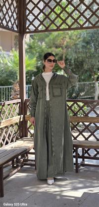  Düğmeli spor keten ferace Haki Yeşil