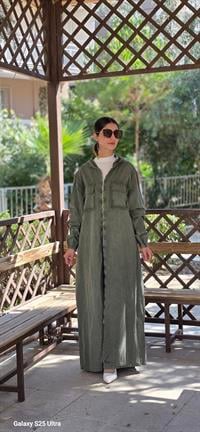  Düğmeli spor keten ferace Haki Yeşil