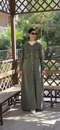  Düğmeli spor keten ferace Haki Yeşil