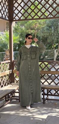  Düğmeli spor keten ferace Haki Yeşil