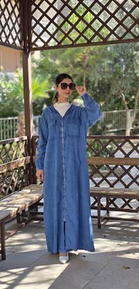  Düğmeli spor keten ferace İndigo Mavi