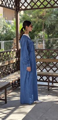  Düğmeli spor keten ferace İndigo Mavi