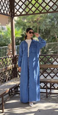  Düğmeli spor keten ferace İndigo Mavi