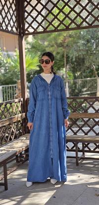  Düğmeli spor keten ferace İndigo Mavi