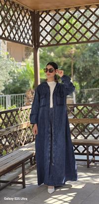  Düğmeli spor keten ferace Lacivert