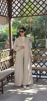  Düğmeli spor keten ferace Taş Rengi