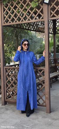  fermuarlı pamuk ketenn ferace mavi