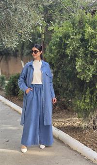  keten rahat salaş pantolon indigo mavi