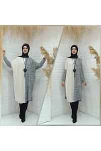 Bisiklet Yaka Çift Renkli Yarasa Kol Yün Tunik