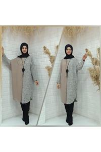 Bisiklet Yaka Çift Renkli Yarasa Kol Yün Tunik