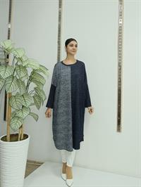 Bisiklet Yaka Çift Renkli Yarasa Kol Yün Tunik Lacivert Gri