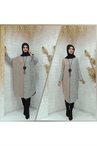 Bisiklet Yaka Çift Renkli Yarasa Kol Yün Tunik