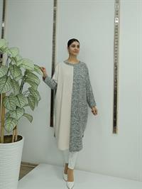 Bisiklet Yaka Çift Renkli Yarasa Kol Yün Tunik Gri Beyaz