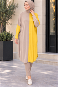 çift renkli basic tunik hardal vizon