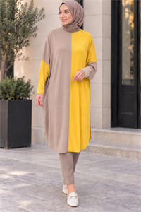 çift renkli basic tunik hardal vizon