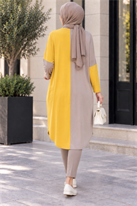 çift renkli basic tunik hardal vizon