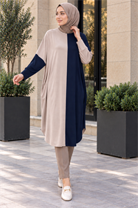 çift renkli basic tunik lacivert vizon