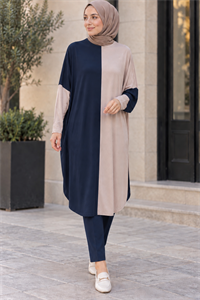 çift renkli basic tunik lacivert vizon