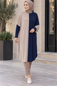çift renkli basic tunik lacivert vizon