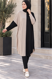 çift renkli basic tunik siyah vizon