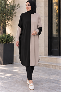 çift renkli basic tunik siyah vizon