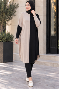 çift renkli basic tunik siyah vizon
