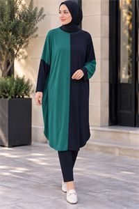 çift renkli basic tunik siyah zümrüt