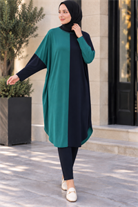 çift renkli basic tunik siyah zümrüt