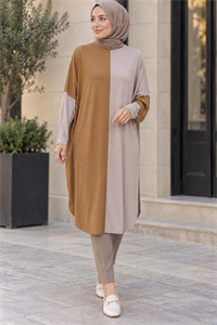 çift renkli basic tunik tarçın vizon