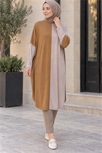 çift renkli basic tunik tarçın vizon