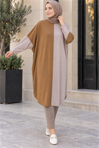 çift renkli basic tunik tarçın vizon