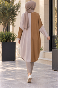 çift renkli basic tunik tarçın vizon