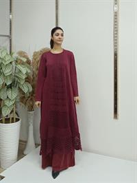 dantel detaylı uzun salaş tunik bordo