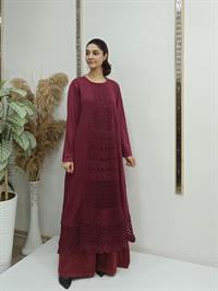 dantel detaylı uzun salaş tunik bordo