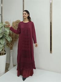 dantel detaylı uzun salaş tunik bordo