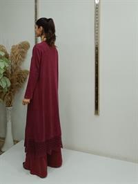 dantel detaylı uzun salaş tunik bordo