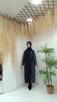 Degaje Yaka Atkılı Ferace Siyah Ekose