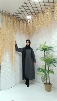 Degaje Yaka Atkılı Ferace Siyah Ekose